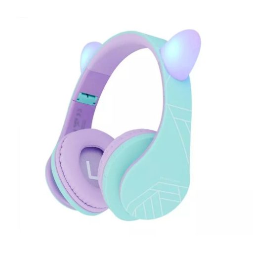 PowerLocus P2 Bluetooth fejhallgató gyerekeknek, beépített hangerőlimit funkció, lila/kékeszöld (PWL-P2KIDSCAT-TEALPURPLE)