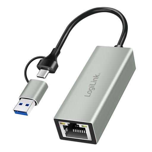 Logilink USB-C   Gigabit Ethernet adapter 2 az 1-ben USB-csatlakozással, szürke (UA0238B)