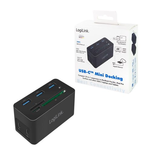 Logilink USB 3.2 Gen 1 dokkoló állomás, USB-C, 10 portos, PD, mini, fekete (UA0370)