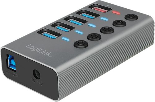 Logilink USB 3.2 Gen 1 hub, 4+1 port, kapcsolóval minden porthoz, alumínium, szürke (UA0386)