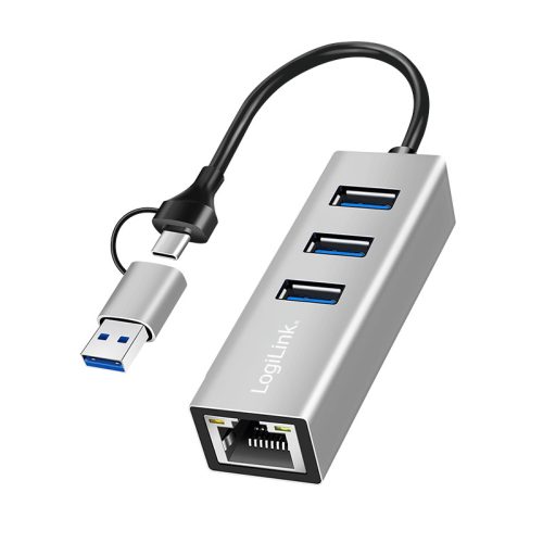 Logilink USB 3.2 Gen 1 hub, 3x USB-A, 1x RJ45, 2 az 1-ben csatlakozókábel, ezüst