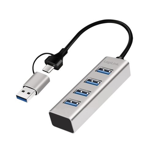 Logilink USB 3.0 hub, 4x USB-A, 5 Gbit/s, 2 az 1-ben csatlakozókábel, ezüst