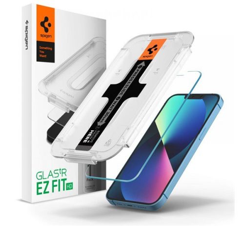  SPIGEN EZ FIT HD képernyővédő üveg (2.5D full cover, tokbarát, ultravékony, 0.2mm, 9H + segédkeret) ÁTLÁTSZÓ [Apple iPhone 13] 