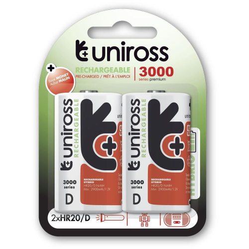  Uniross D/góliát 1,2V 3000mAh Ni-MH HYBRIO akkumulátor 2db/bliszter (UH2D3000) 