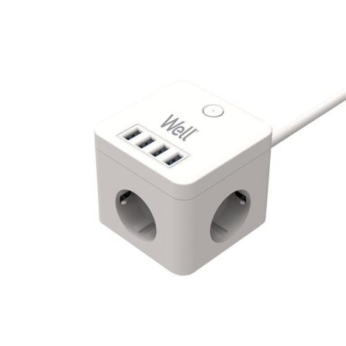  Well Powercube 3-as hálózati elosztó kapcsolóval, 4x USB-A 3m fehér (EXTS-3S3M-PROT/USB4-WL) 